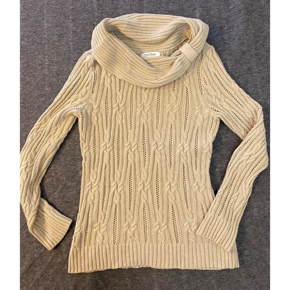 White House Black Market Beige Cable Knit Cowl Neck Sweater Womens Size Medium - Picture 2 of 7